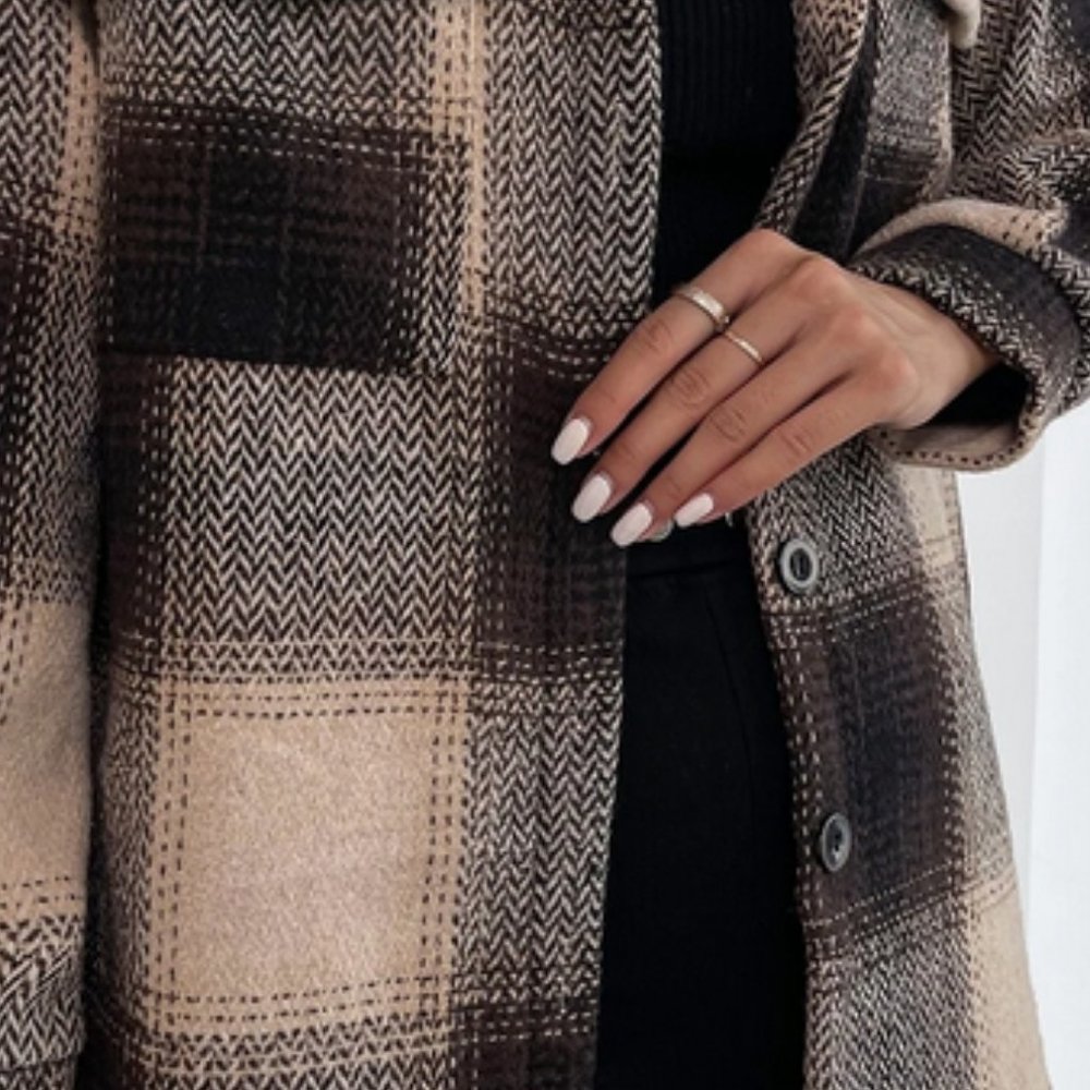 plaid print button up overcoat fall winter casual trending - Picture 4 of 6